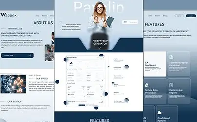 Corporate payroll SaaS website mockup with features grid